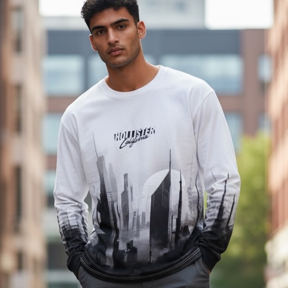 Hollister White and Black Graphic Long Sleeve Tee